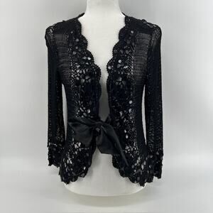 Michael Simon Beaded Crochet Cardigan Satin Tie Front Womens XL Boho Whimsygoth